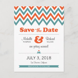 Cartão Postal De Anúncio Casamento Moderno de Teal & Orange Chevron & Loveb