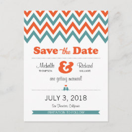 Cartão Postal De Anúncio Casamento Moderno de Teal & Orange Chevron & Loveb
