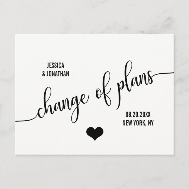 Cartão Postal De Anúncio Casamento moderno MUDAR A DATA DOS PLANOS ADIAR (Frente)