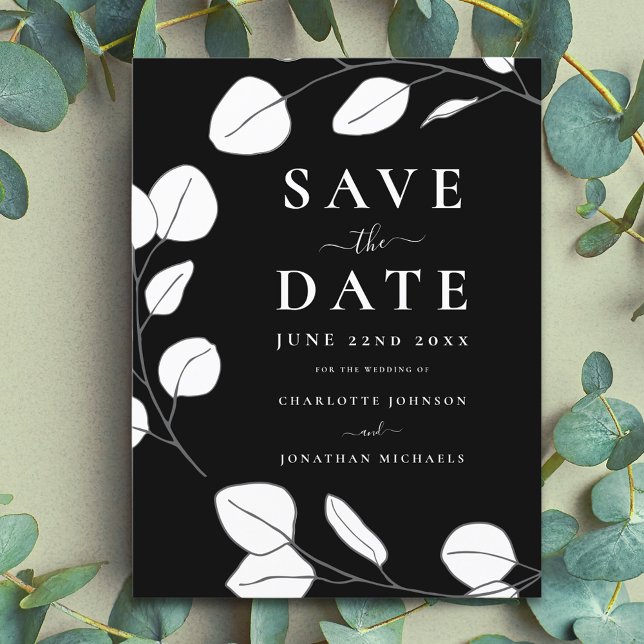 Cartão Postal De Anúncio Casamento Moderno Simples de Folha Preto e Branco (Modern minimalist leaf black and white wedding save the date budget postcard invitation )