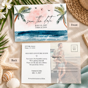 Cartão Postal De Anúncio Casamento na Praia com Árvore Palmeira em Aquarela