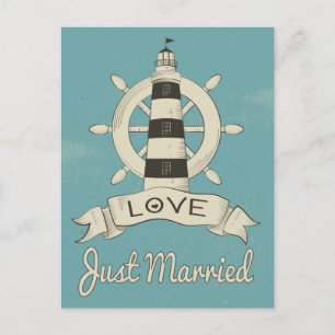 Cartão Postal De Anúncio Casamento Náutico Recém-Casados Farol Azul Turques