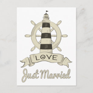 Cartão Postal De Anúncio Casamento Náutico Recém-Casados Farol e Navio
