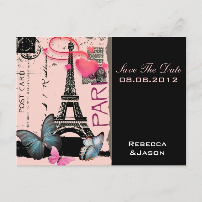 Cartão Postal De Anúncio casamento no destino torre eiffel rosa em paris (Frente)