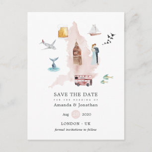 Cartão Postal De Anúncio Casamento no Destino Watercolor Inglaterra Londres