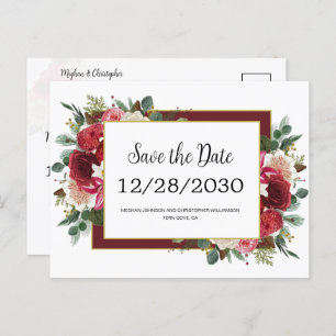Cartão Postal De Anúncio Casamento no inverno Rustic Red Flowers Salvar Dat