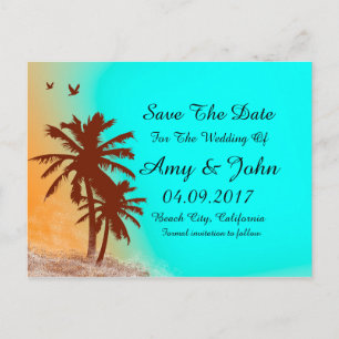Cartão Postal De Anúncio Casamento no oceano azul da palmeira salvar a data