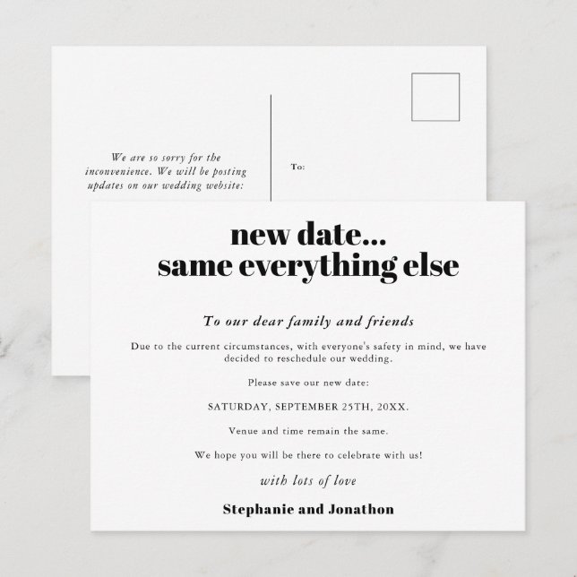 Cartão Postal De Anúncio Casamento Nova Data Tudo o Mais Continua Simples T (Frente/Verso)