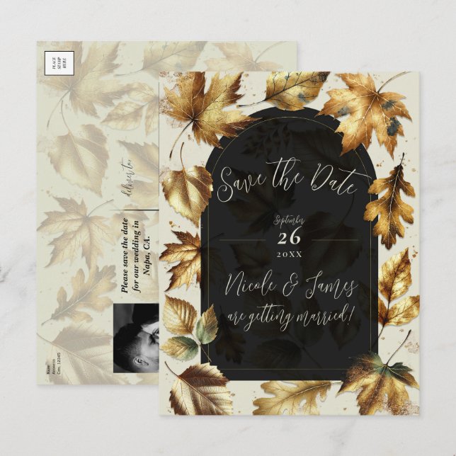 Cartão Postal De Anúncio Casamento outono de amêndoa e vidro preto Dourado (Frente/Verso)