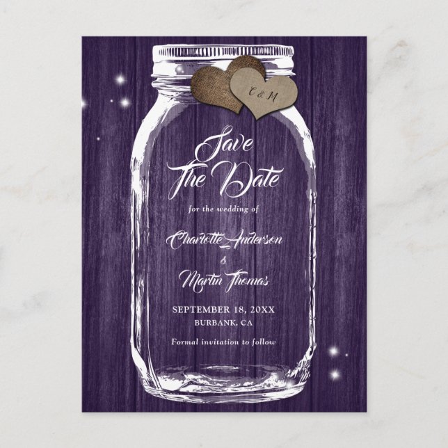 Cartão Postal De Anúncio Casamento outono Rústico Mason Jar Salva A Data (Frente)