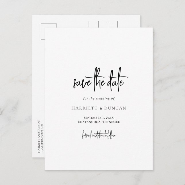 Cartão Postal De Anúncio Casamento Preto e Branco Atemporal Salve a Data (Frente/Verso)