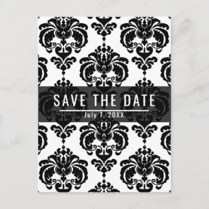 Cartão Postal De Anúncio Casamento Preto e Branco Chic Damask Save the Date