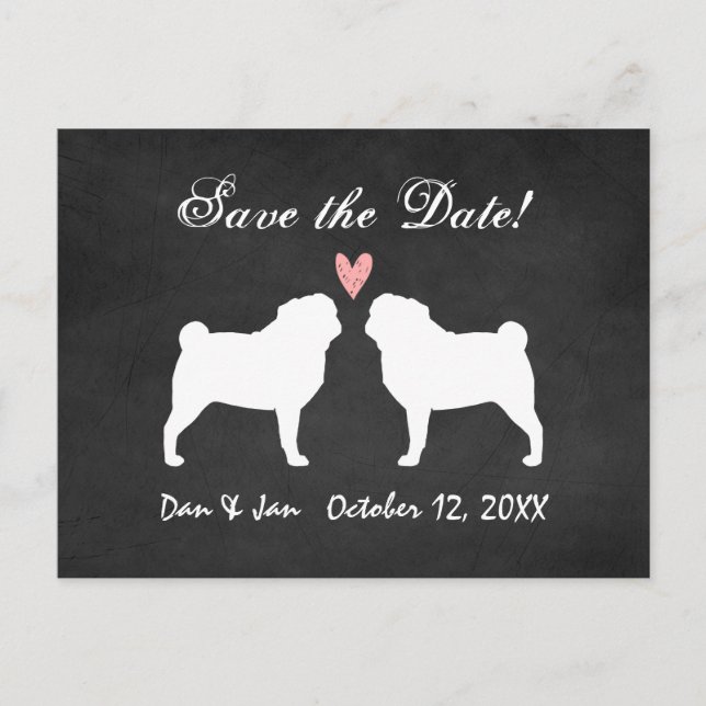 Cartão Postal De Anúncio Casamento Pug Salve a Data (Frente)