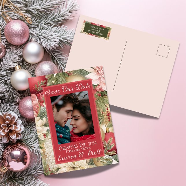 Cartão Postal De Anúncio Casamento Romântico de Fotos da Elegante Véspera d (Stylish Christmas Wedding Save the Date postcard with elegant layout
)