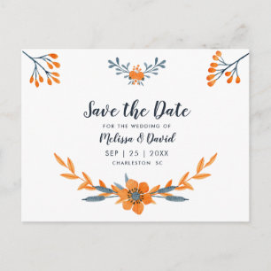 Cartão Postal De Anúncio Casamento Romântico Floral com Aquarela Laranja Az