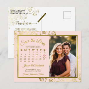 Cartão Postal De Anúncio Casamento rosa e Dourado Salvar a Foto do Calendár