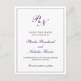 Cartão Postal De Anúncio Casamento Roxo do Monograma Elegante Salvar a Data
