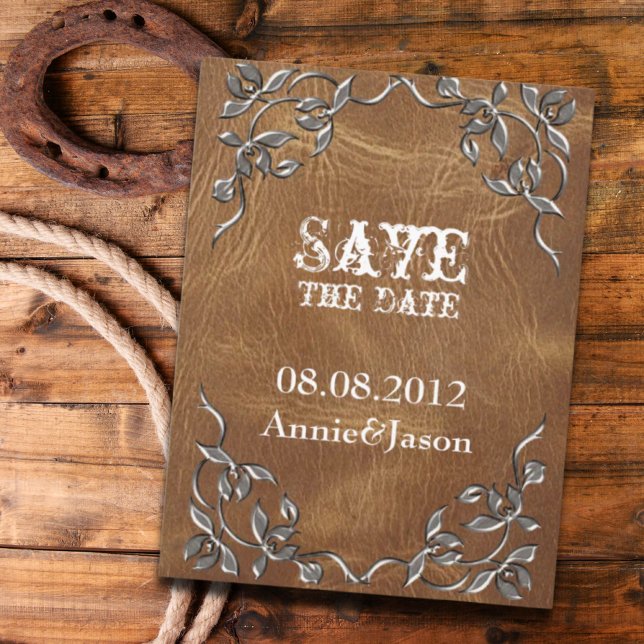 Cartão Postal De Anúncio Casamento russo de couro ocidental salvar a data (rustic Western Leather Wedding save the date Announcement Postcard)