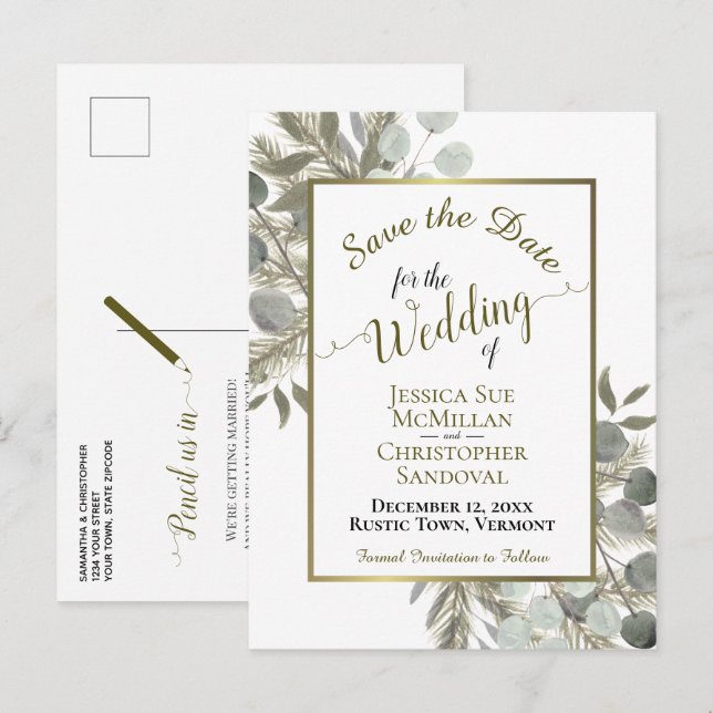 Cartão Postal De Anúncio Casamento Russo Eucalyptus e Pine Salve a Data (Frente/Verso)