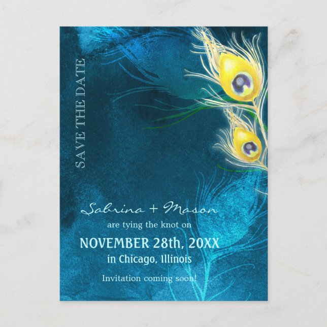 Cartão Postal De Anúncio Casamento Rustic Blue Peacock Salvar a Data (Frente)