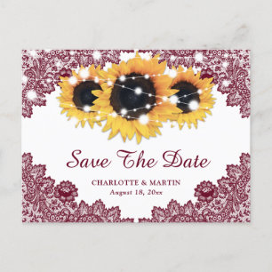 Cartão Postal De Anúncio Casamento Rustic Burgundy Sunflower Salvar Data
