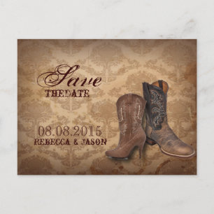 Cartão Postal De Anúncio casamento Rustic damask Western Cowboy salve a dat