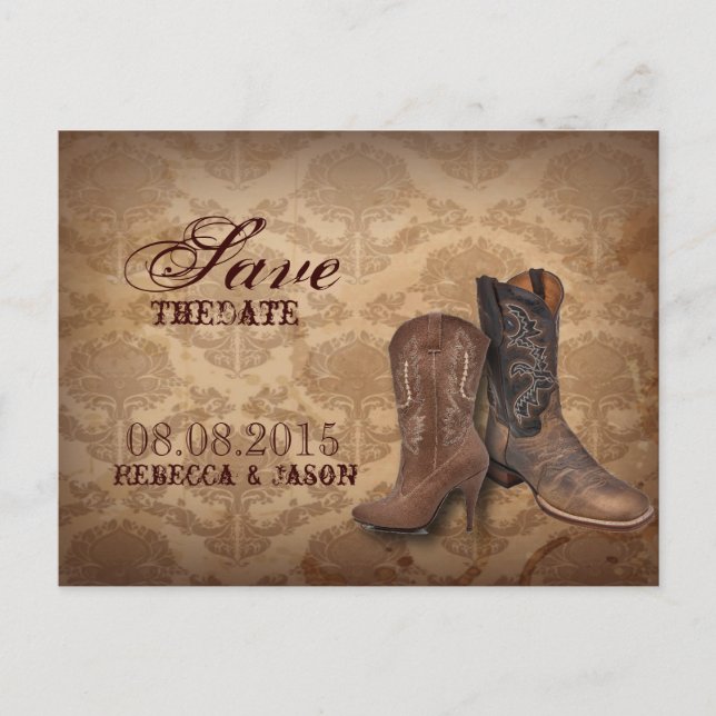Cartão Postal De Anúncio casamento Rustic damask Western Cowboy salve a dat (Frente)