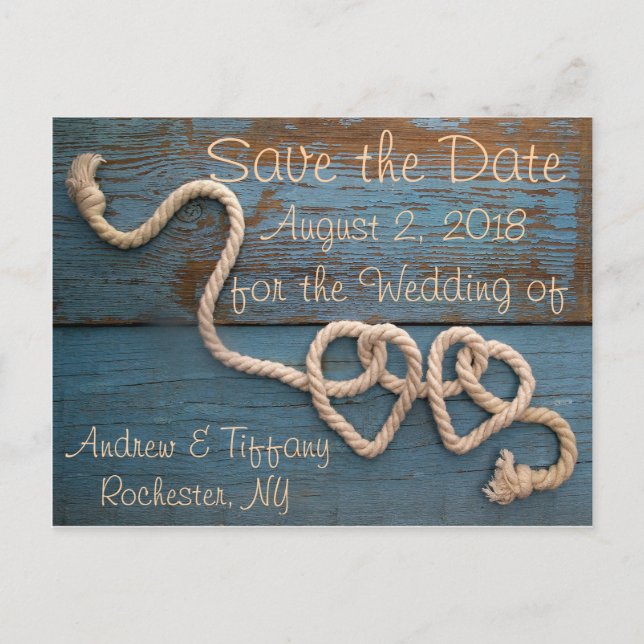 Cartão Postal De Anúncio Casamento Rustic Heart Rope Salve a Data (Frente)