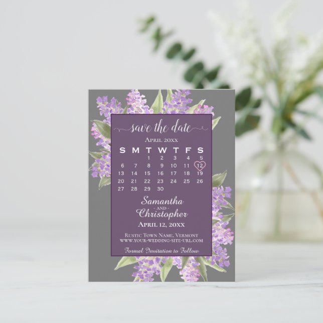 Cartão Postal De Anúncio Casamento Rustic Lilacs Salve a Cinza do Calendári (Em pé/Frente)