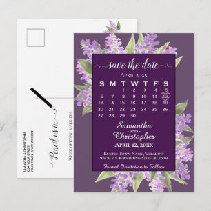 Cartão Postal De Anúncio Casamento Rustic Lilacs Salve a Data Calendar Plum