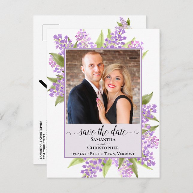 Cartão Postal De Anúncio Casamento Rustic Lilacs Salve a Lavanda de Fotogra (Frente/Verso)