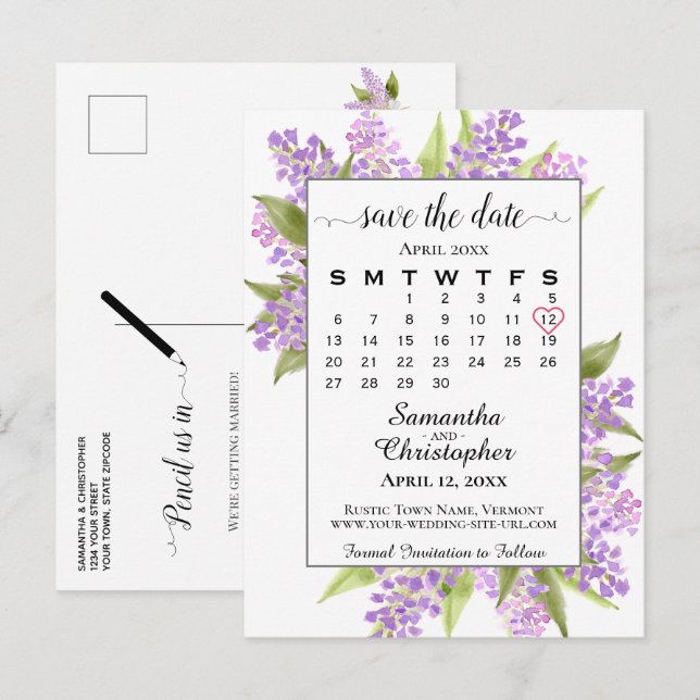 Cartão Postal De Anúncio Casamento Rustic Lilacs Salve o Calendário Branco (Frente/Verso)