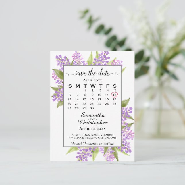 Cartão Postal De Anúncio Casamento Rustic Lilacs Salve o Calendário Branco (Em pé/Frente)