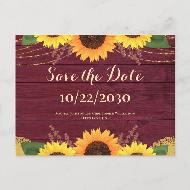 Cartão Postal De Anúncio Casamento Rustic Maroon Wood Sunflower Salve data (Frente)