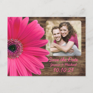Cartão Postal De Anúncio Casamento Rustic Pink Daisy Wood Foto Salve Data