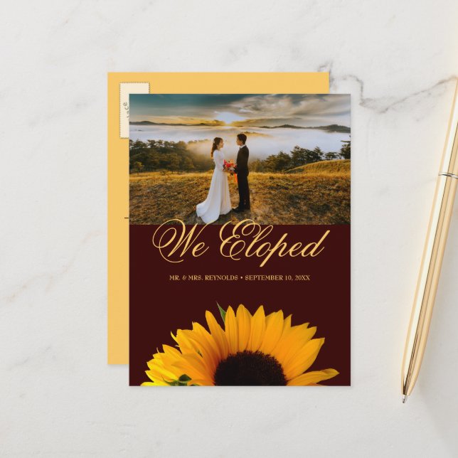 Cartão Postal De Anúncio Casamento Rustic Sunflower Photo Autumn Elopement (Frente/Verso In Situ)