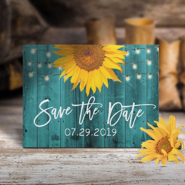Cartão Postal De Anúncio Casamento Rustic Sunflower Teal Barn Salvar Data (Criador carregado)