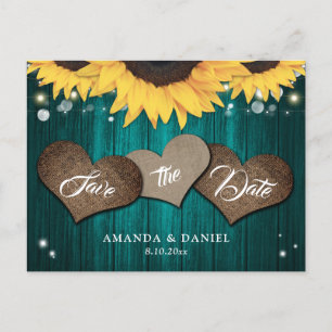 Cartão Postal De Anúncio Casamento Rustic Teal Sunflower Salvar Data