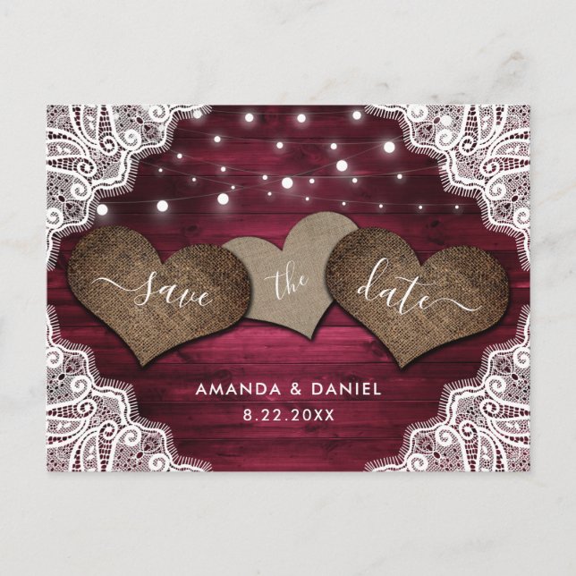 Cartão Postal De Anúncio Casamento Rustic Wood Burgundy Salvar A Data (Frente)