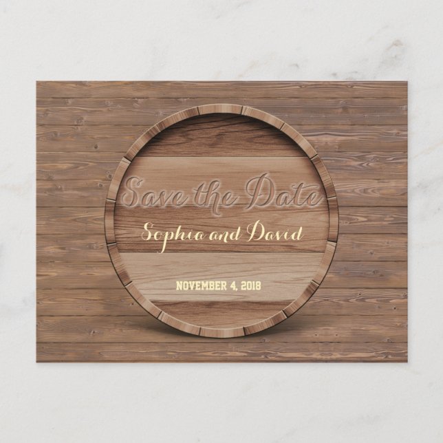 Cartão Postal De Anúncio Casamento Rustic Wooden Barrel Gravado SALVE A DAT (Frente)