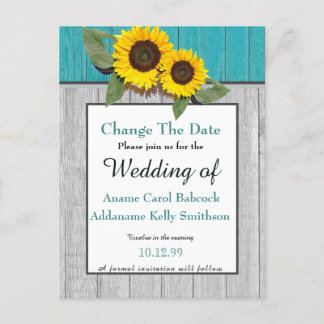 Cartão Postal De Anúncio Casamento Rústico Girassol Azul Cinza Madeira Chic
