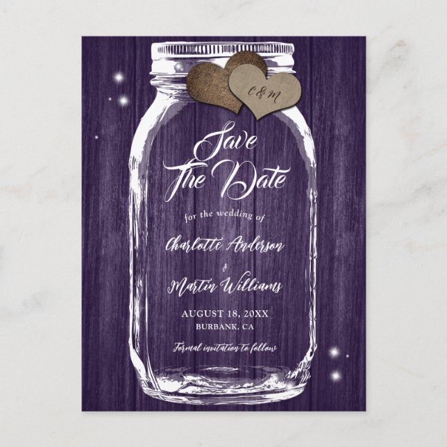 Cartão Postal De Anúncio Casamento Rústico Mason Jar Wood Salvar Data (Frente)