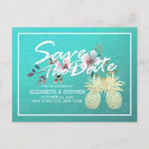 Cartão Postal De Anúncio Casamento Salvar a Data Moderno Abacaxi Dourado Ca