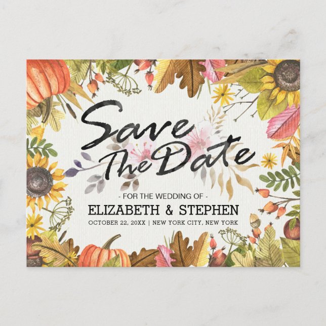 Cartão Postal De Anúncio Casamento Salvar A Data Outono Folhas Caídas Abóbo (Frente)