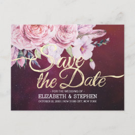 Cartão Postal De Anúncio Casamento Salvar A Data Penas Florais Vermelha Bor