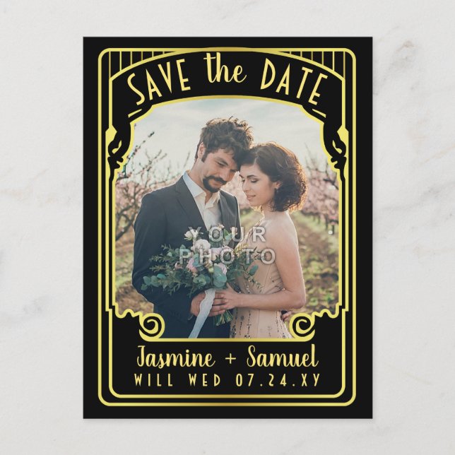 Cartão Postal De Anúncio Casamento Salve a Data Antiga Foto Preto Art Déco (Frente)