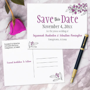 Cartão Postal De Anúncio Casamento Salve A Data Minimalista Bagas Roxas