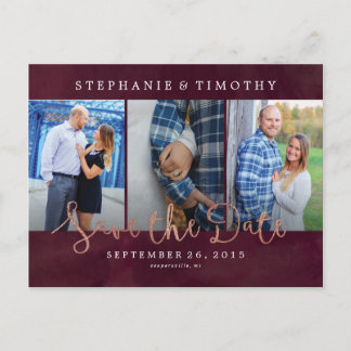 Cartão Postal De Anúncio Casamento Salve a Data - Vinho Tinto & Dourado Ros