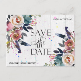 Cartão Postal De Anúncio Casamento Salve As Datas | Boho Blue & Misty Rosa