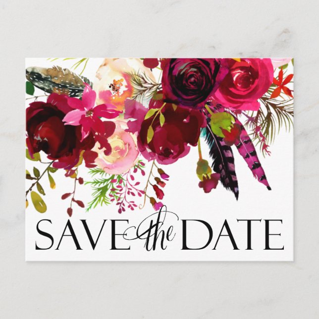 Cartão Postal De Anúncio Casamento Salve As Datas | Floral Boho (Frente)